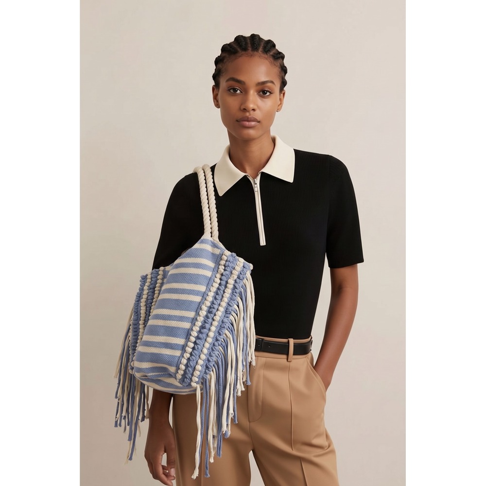 Boho Striped Fringe Tote Bag Blue White Rope Handle Macrame Coastal Beach Bag